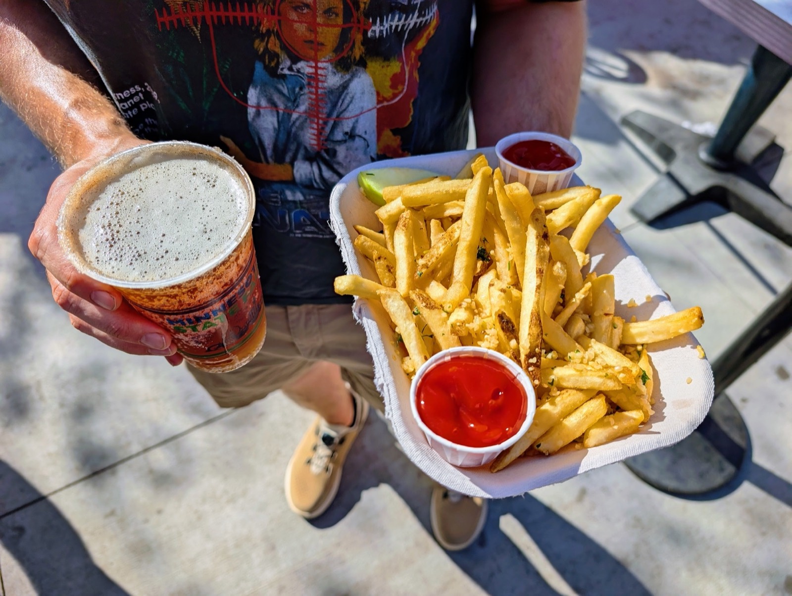 A State Fair beer and garlic fries at the Ball Park Cafe