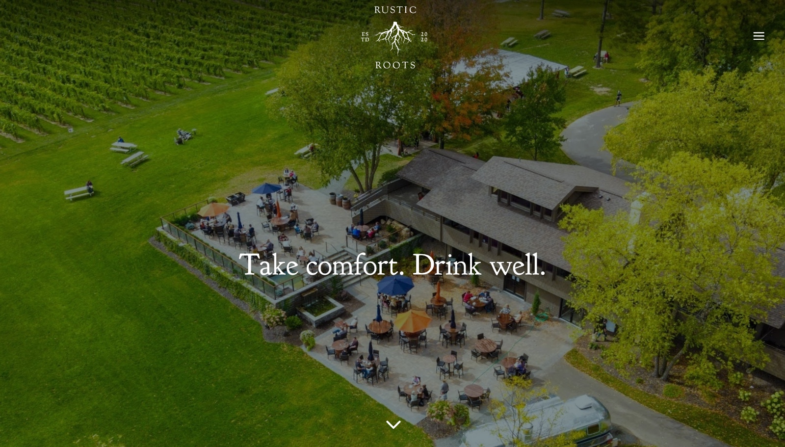 Rustic Roots Winery homepage — Take comfort. Drink well.