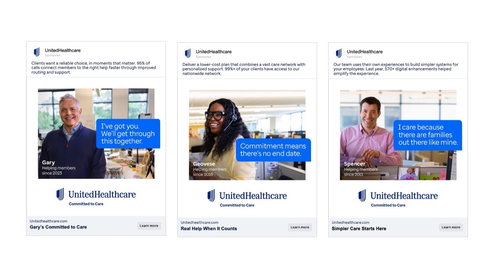 Three Committed to Care social ads featuring UnitedHealthcare employees Gary, Geovese and Spencer